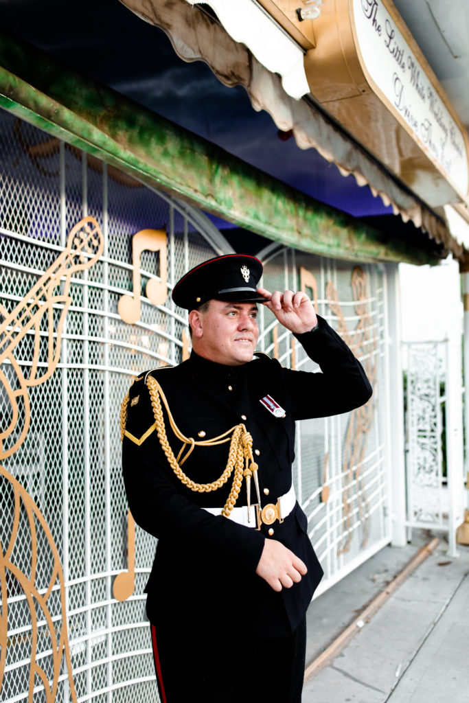 A groom in his UK military attire after his elopement in Las Vegas