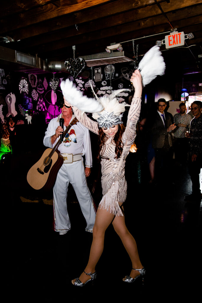 Elvis and showgirl costumes for this Velveteen Rabbit wedding in Las Vegas