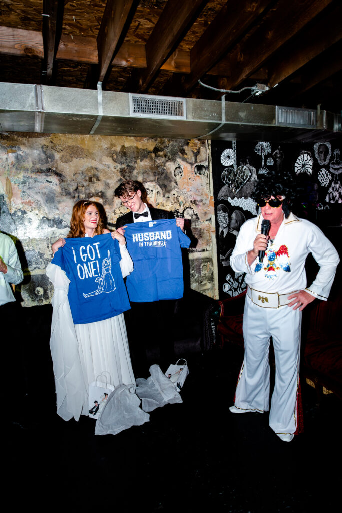 Elvis brings April Fool's themed gifts at this quirky wedding reception in Las Vegas