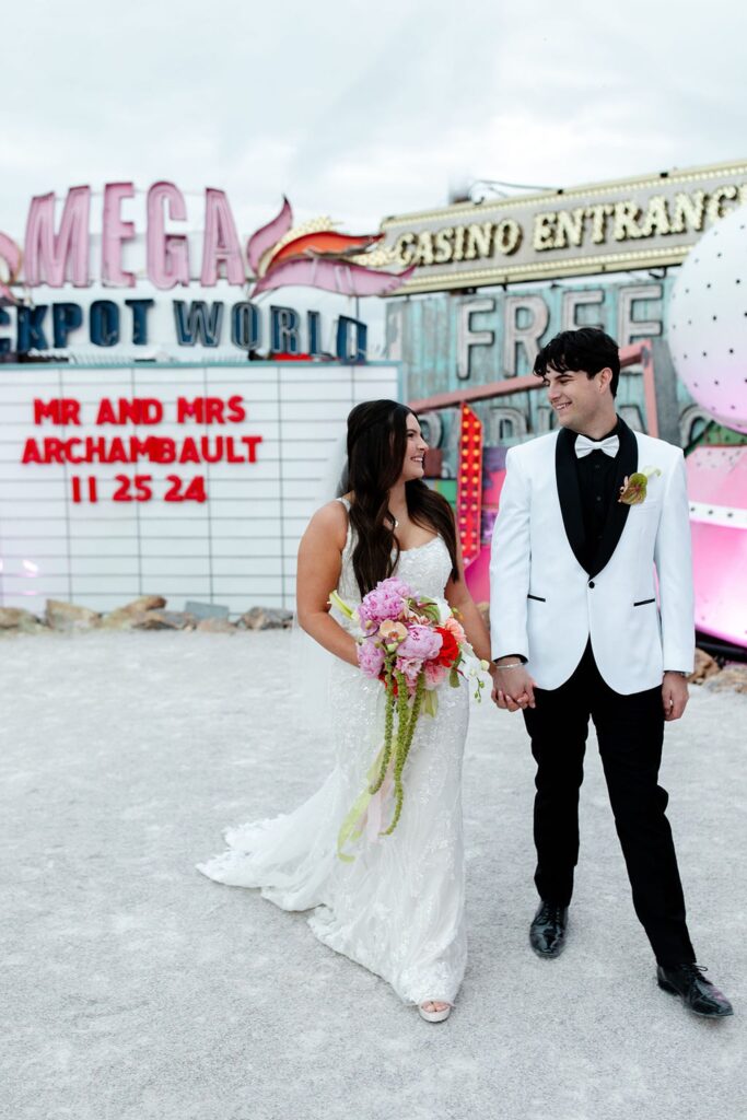 Bride and grooms Neon Museum wedding photos in Las Vegas