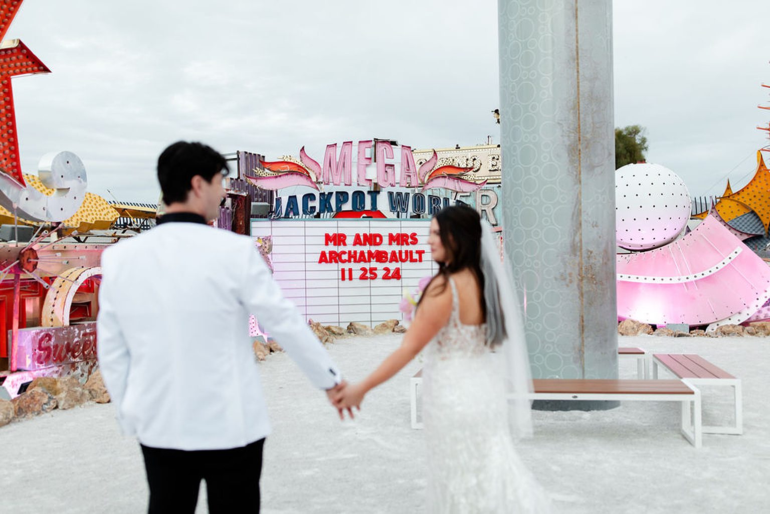 Bride and grooms Neon Museum wedding photos in Las Vegas