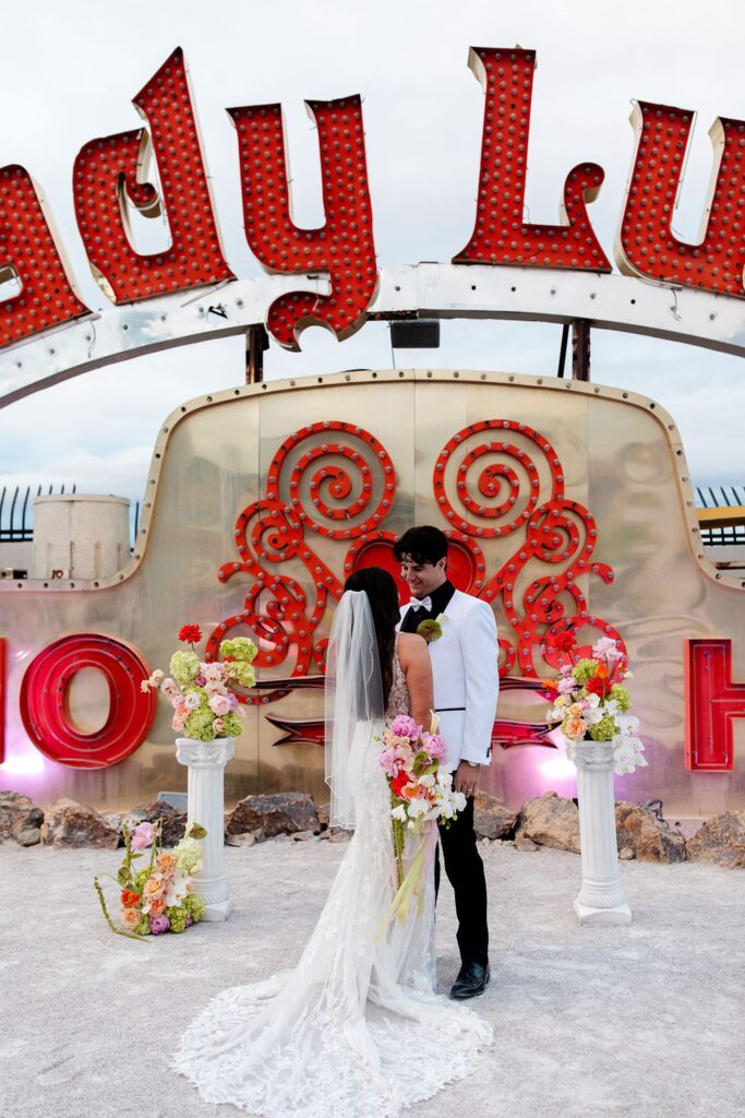 Bride and grooms Neon Museum wedding photos in Las Vegas