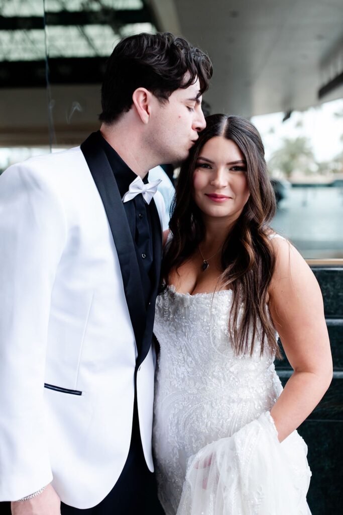 Bride and groom posing at MGM Las Vegas