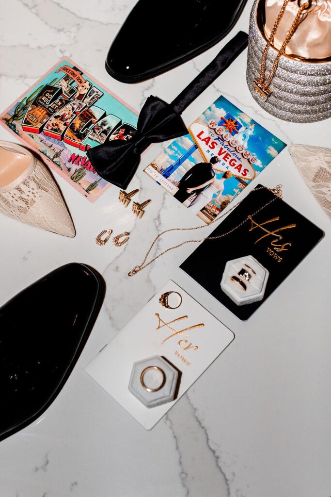 Las Vegas wedding details flatlay