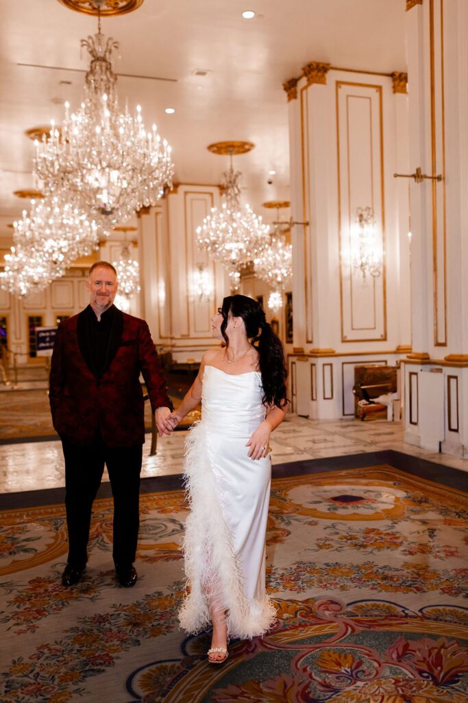 Bride and grooms formal portraits at Paris Hotel for their Las Vegas wedding weekend
