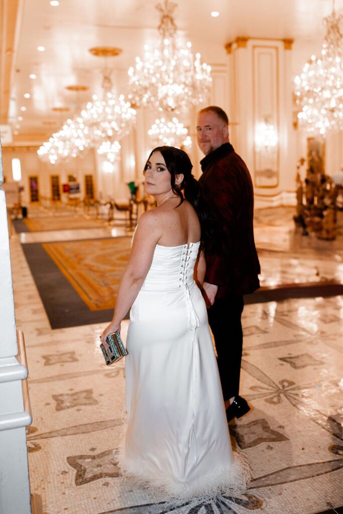 Bride and grooms formal portraits at Paris Hotel for their Las Vegas wedding weekend