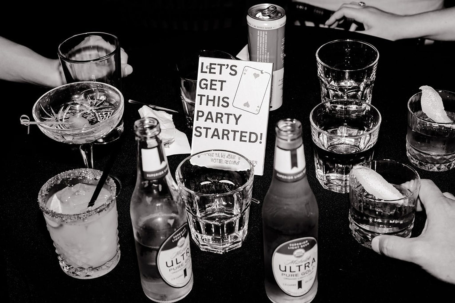 Black and white photo from a Las Vegas wedding weekend welcome reception