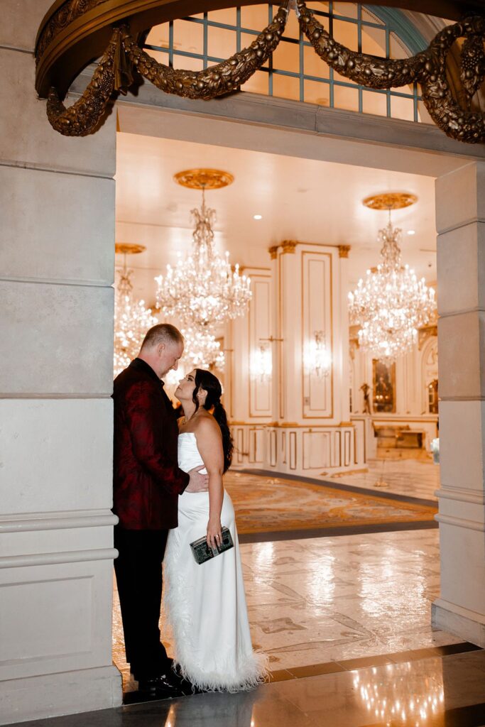Bride and grooms formal portraits at Paris Hotel for their Las Vegas wedding weekend