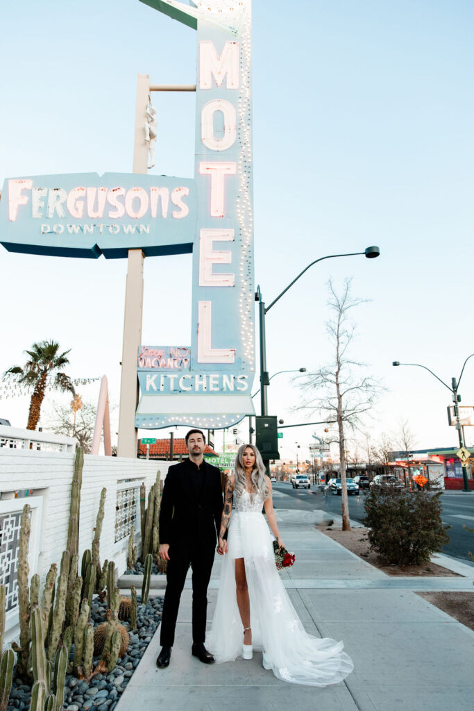 Couples downtown vintage Las Vegas wedding photos at Ferguson's on Fremont Street