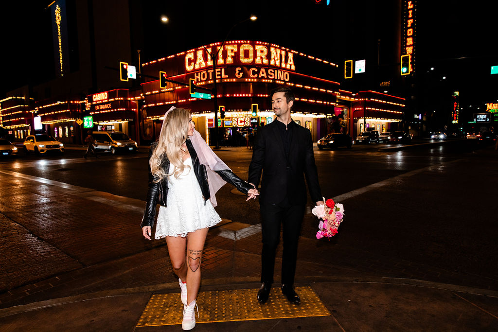 Nighttime vintage Las Vegas wedding photos on Fremont Street