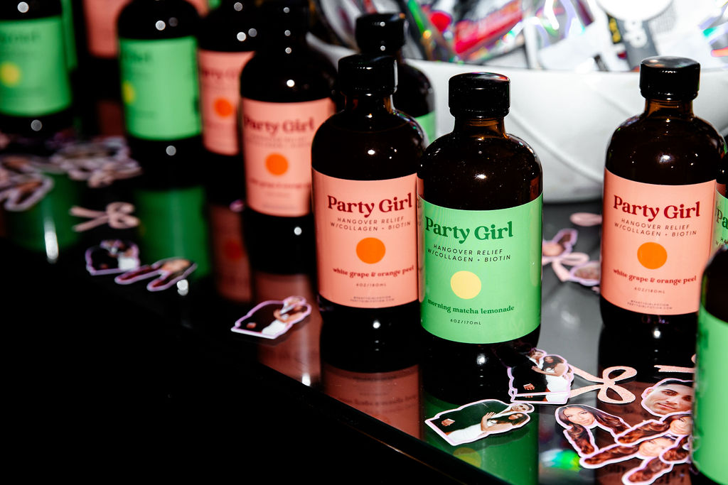 Hangover relief drinks labeled “Party Girl” 