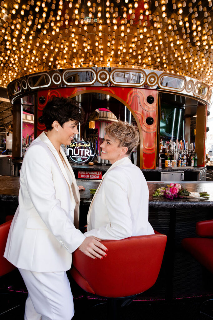 Couples wedding portraits at Carousel Bar in downtown Las Vegas
