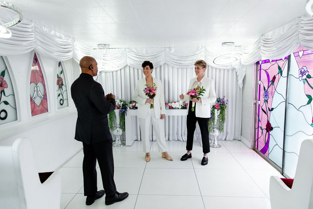 Couples intimate Las Vegas elopement ceremony at Little White Wedding Chapel