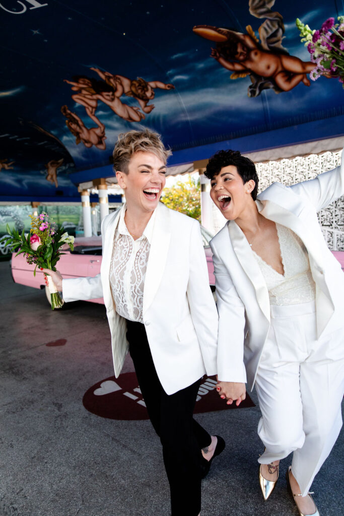 Couple laughing and having fun during their lesbian wedding in Las Vegas