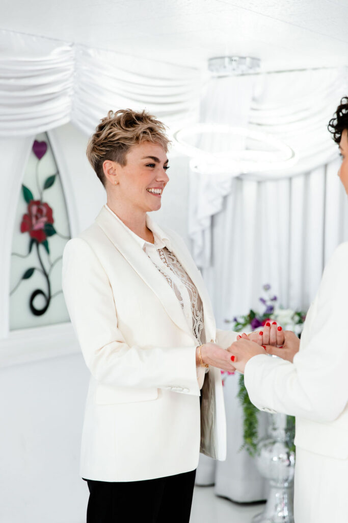 Couple holding hands during their elopement ceremony