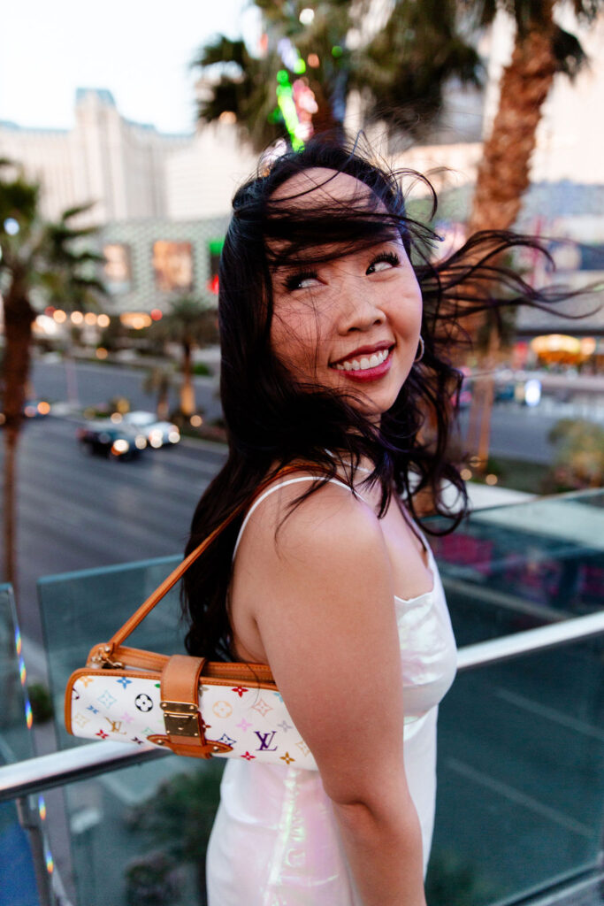 Bride posing outdoors for her Las Vegas bachelorette party photos