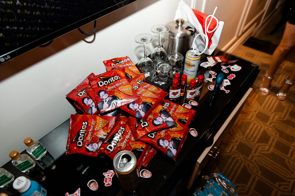 Bachelorette party decor by Las Vegas Bach with custom Doritos, drinks, and stickers