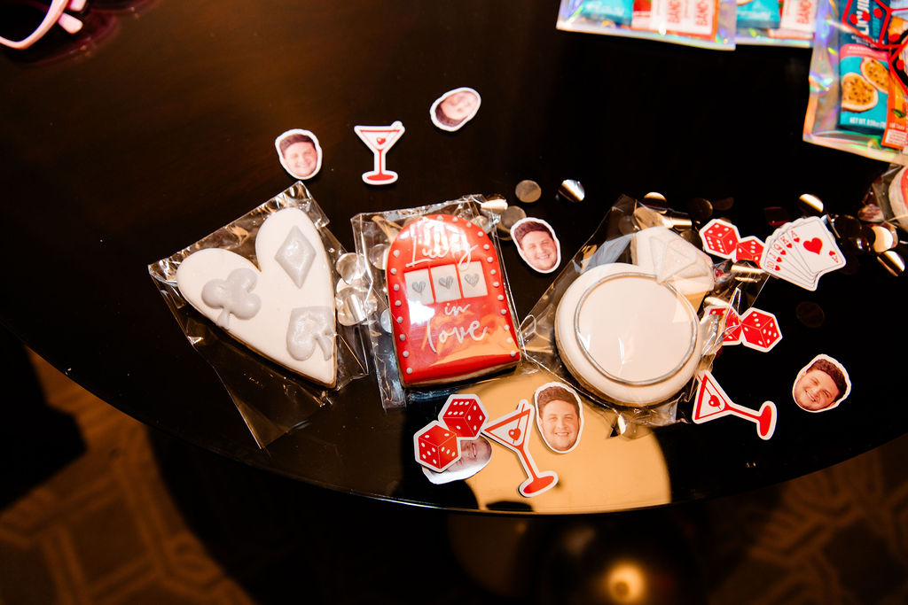 Lucky in Love Las Vegas bachelorette party cookies and stickers