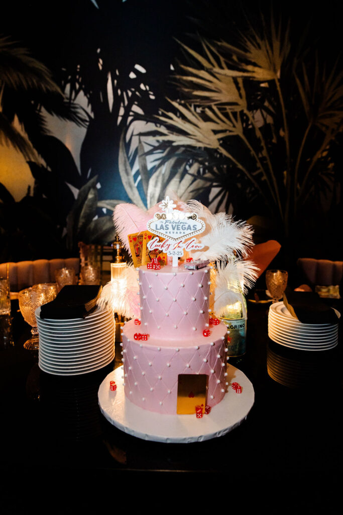 Pink two-tiered Las Vegas wedding reception cake at Pinky's