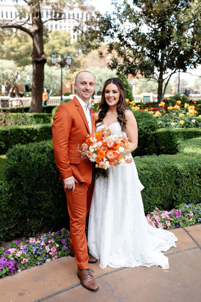 Outdoor bride and grooms wedding portraits at Bellagio Las Vegas