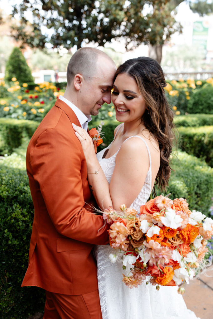 Outdoor bride and grooms wedding portraits at Bellagio Las Vegas