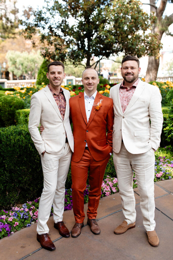 Outdoor groom and groomsmen portraits in the Bellagio Gardens for a Las Vegas micro wedding