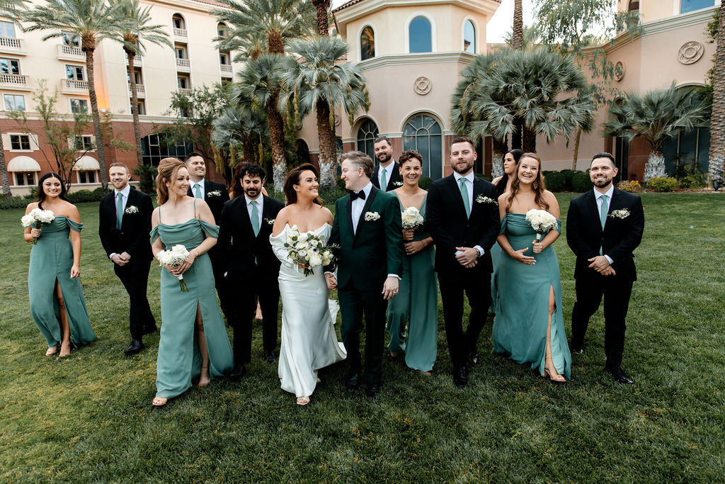 Outdoor JW Marriott Las Vegas wedding party portraits on the lawn