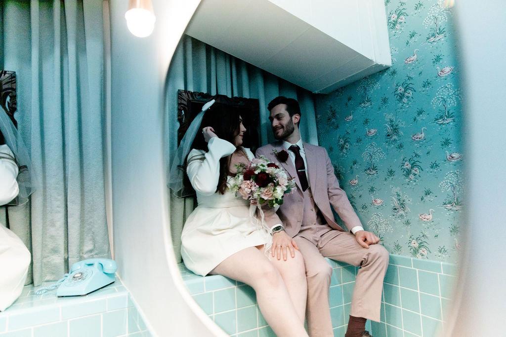 Bride and grooms Sure Thing Chapel bathroom photos in Las Vegas